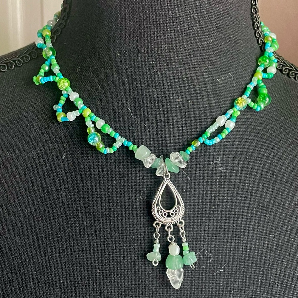 Handmade Green Beaded Pendant Necklace with Silver Teardrop Charm, crystal beads